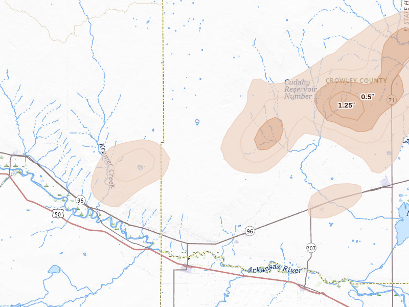 Radar-estimated hail-size map of the storm over Olney Springs, CO on Jul 29, 2026