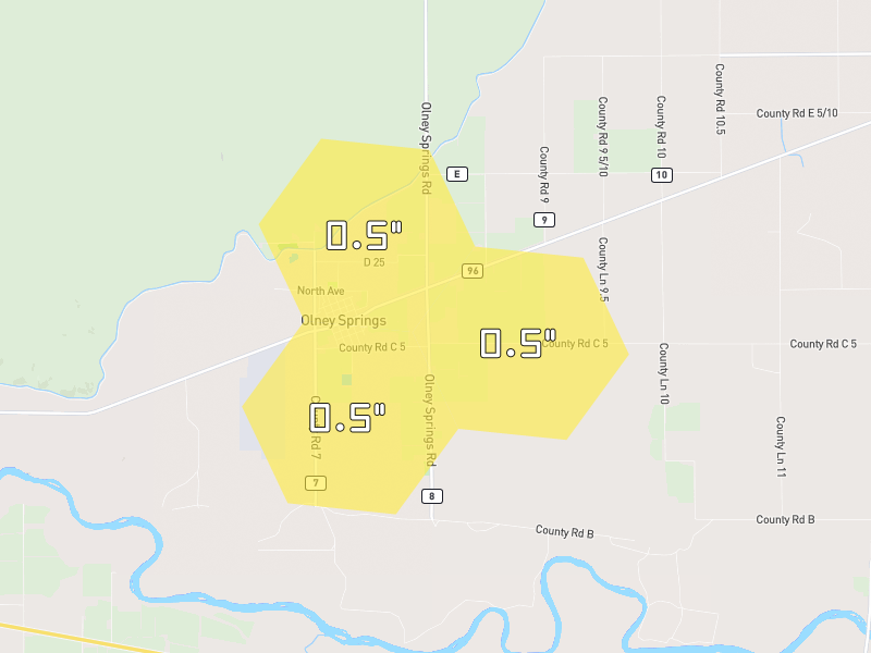 Hail map of Olney Springs, CO on Jul 29, 2026, hail up to 0.5"