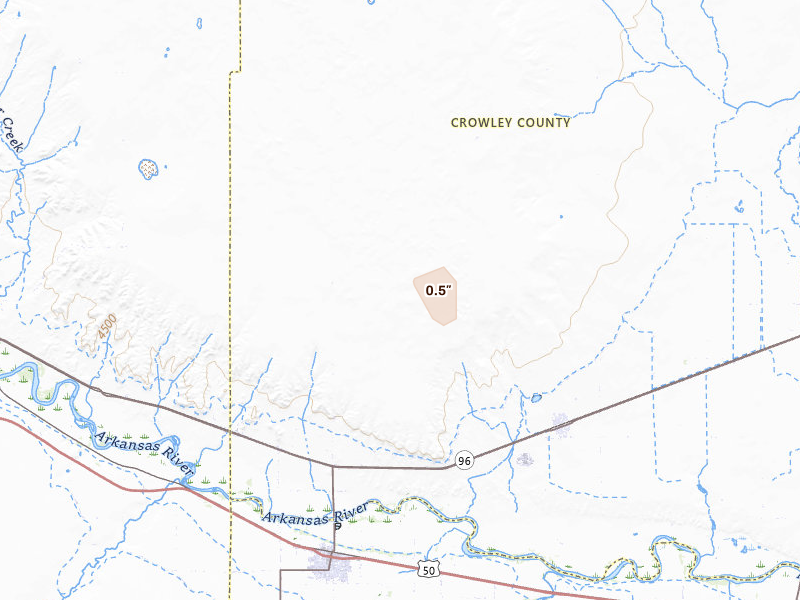 Radar-estimated hail-size map of the storm over Olney Springs, CO on Aug 26, 2026