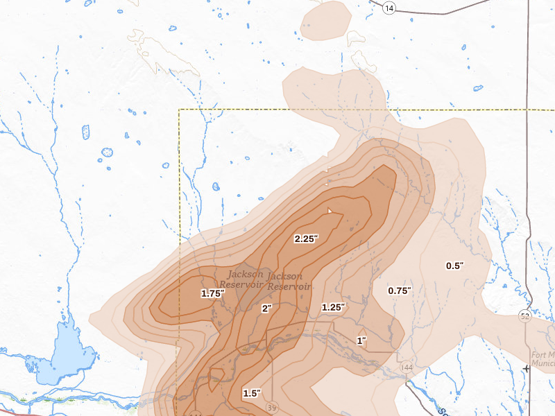 Radar-estimated hail-size map of the storm over Orchard, CO on Jun 23, 2026
