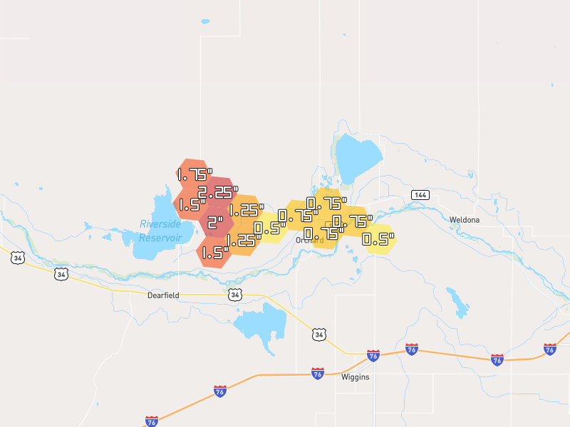 Hail map of Orchard, CO on Jul 8, 2026, hail up to 2.25"
