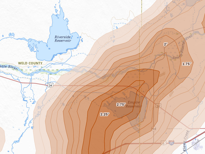 Radar-estimated hail-size map of the storm over Orchard, CO on Aug 22, 2026