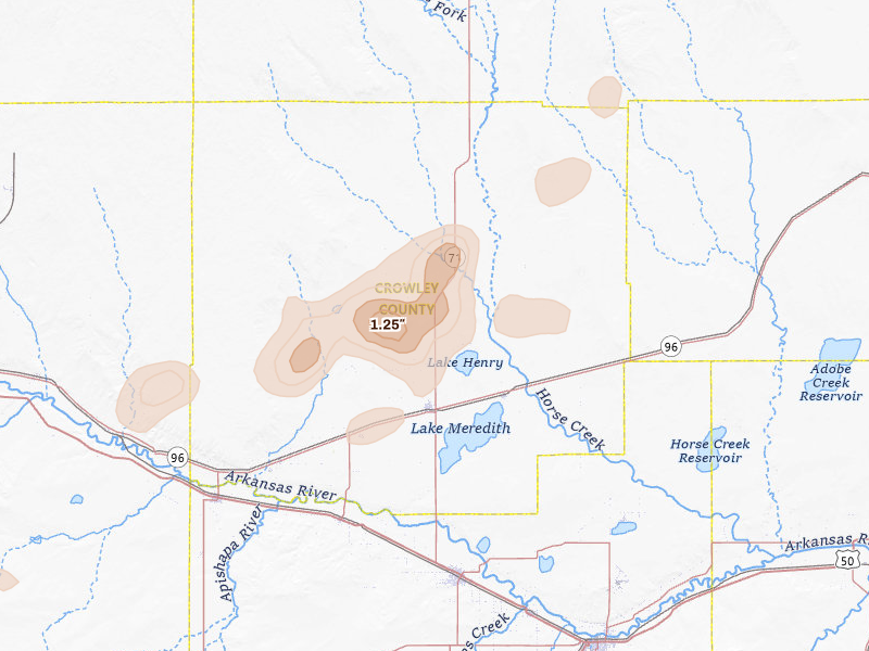 Radar-estimated hail-size map of the storm over Ordway, CO on Jul 29, 2026