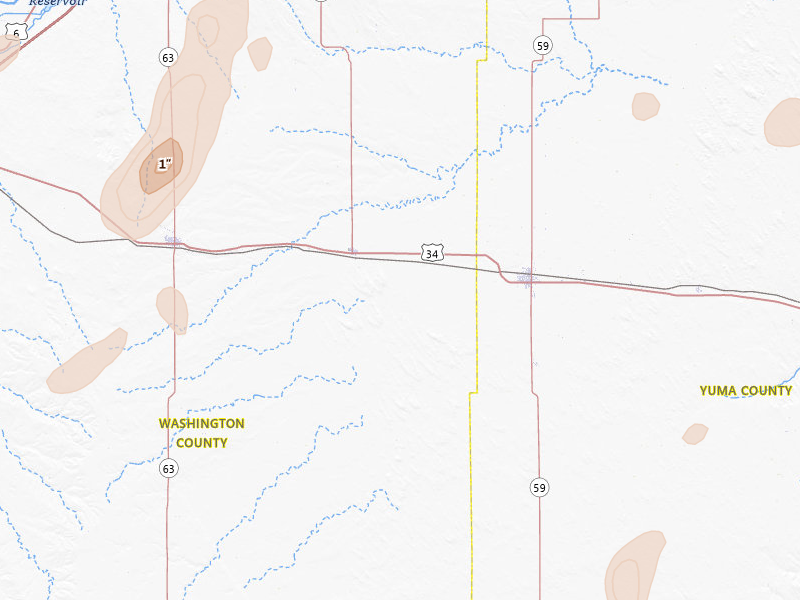 Radar-estimated hail-size map of the storm over Otis, CO on May 16, 2026