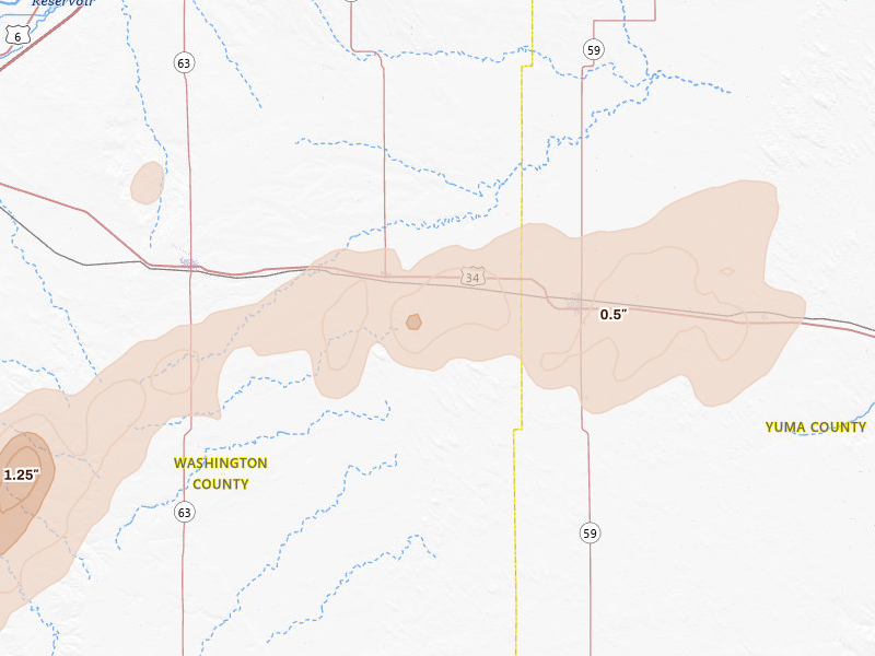 Radar-estimated hail-size map of the storm over Otis, CO on Jun 1, 2026