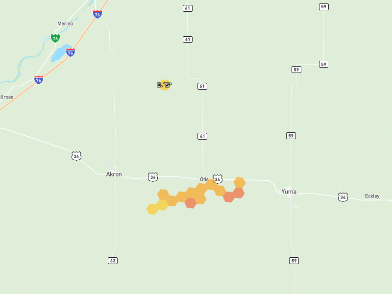 Hail map of Otis, CO on Jun 1, 2026, hail up to 1.5"
