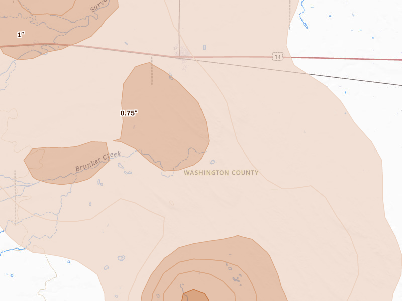 Radar-estimated hail-size map of the storm over Otis, CO on Jun 22, 2026