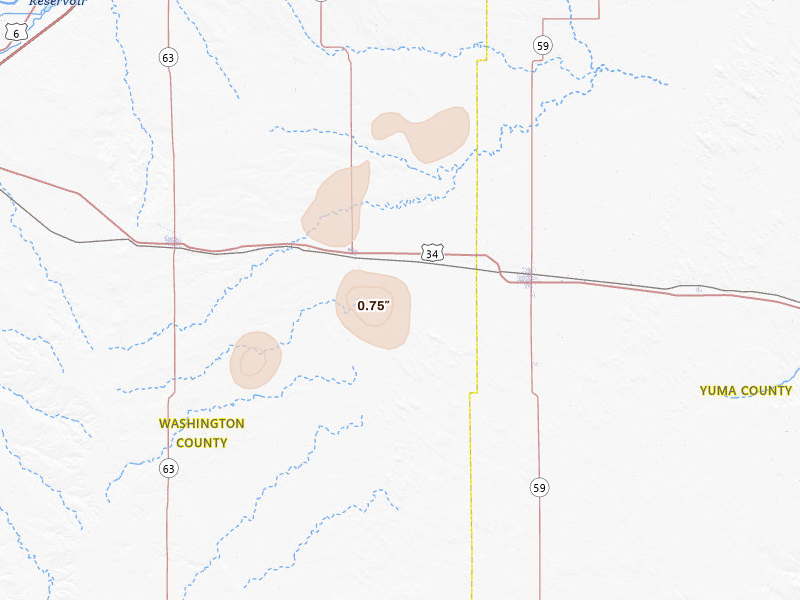 Radar-estimated hail-size map of the storm over Otis, CO on Jul 8, 2026