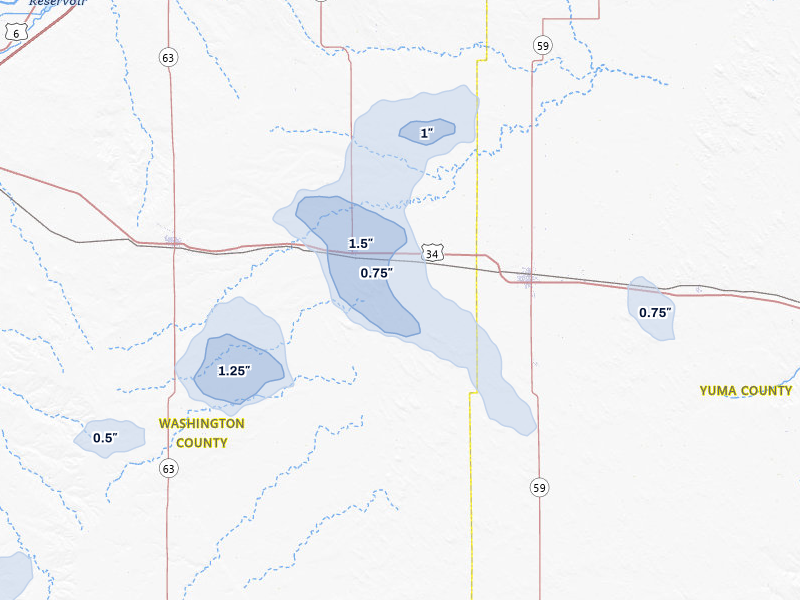 NEXRAD radar-signature map of the hail storm over Otis, CO on Jul 8, 2026