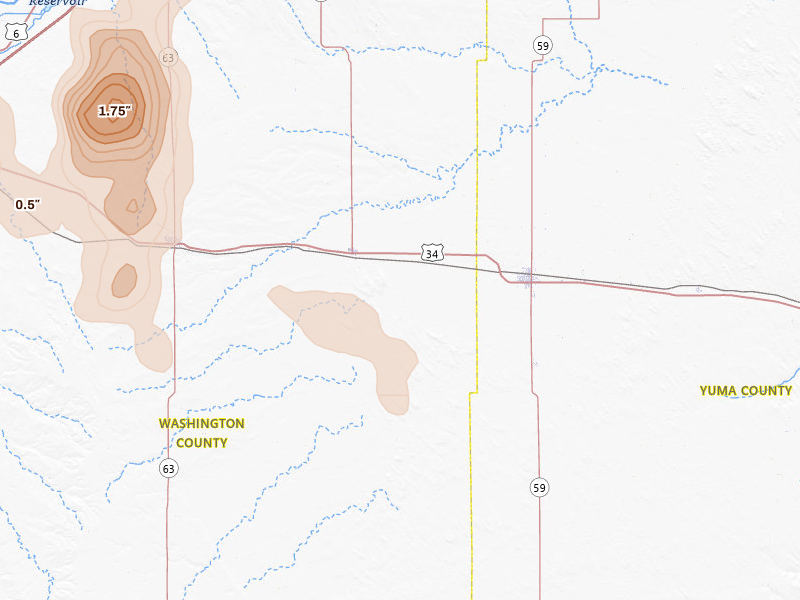 Radar-estimated hail-size map of the storm over Otis, CO on Jul 28, 2026