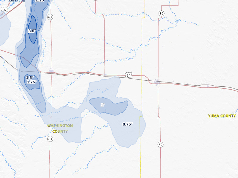 NEXRAD radar-signature map of the hail storm over Otis, CO on Jul 28, 2026