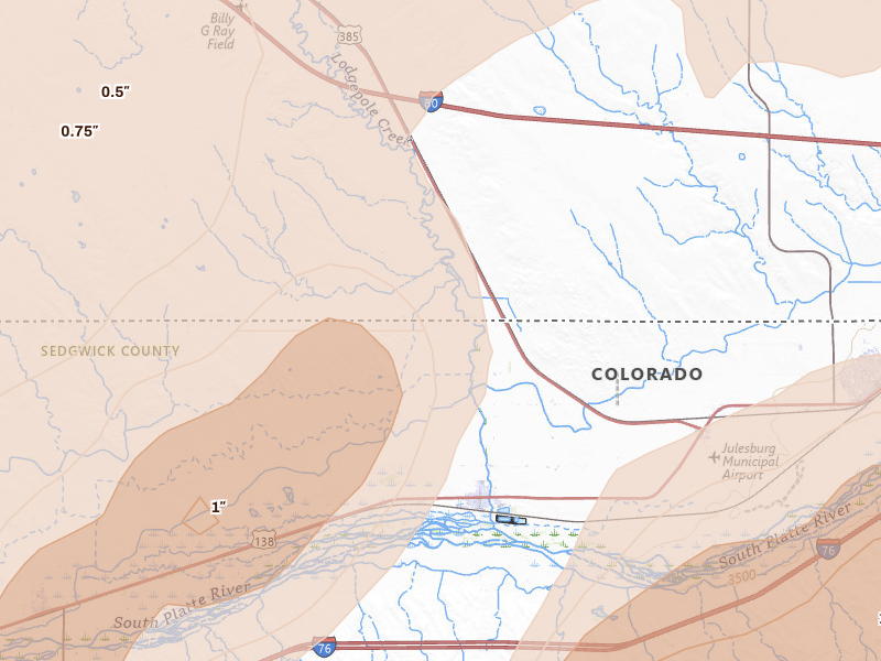 Radar-estimated hail-size map of the storm over Ovid, CO on Jun 30, 2026