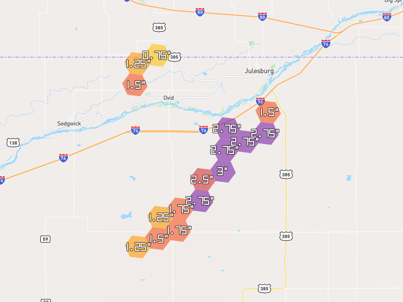 Hail map of Ovid, CO on Jul 1, 2026, hail up to 3"