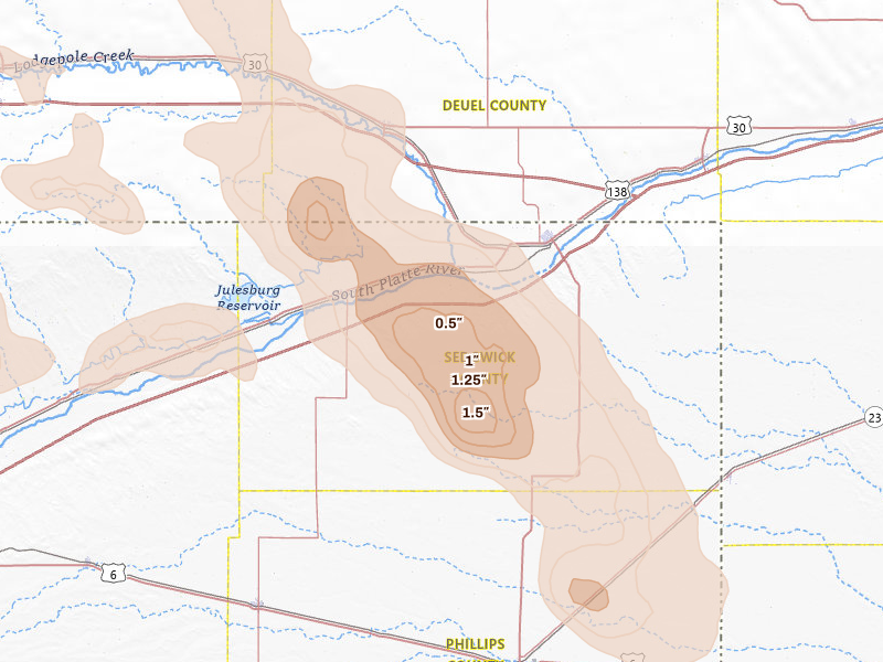 Radar-estimated hail-size map of the storm over Ovid, CO on Aug 9, 2026