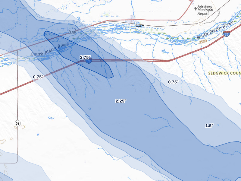 NEXRAD radar-signature map of the hail storm over Ovid, CO on Aug 9, 2026