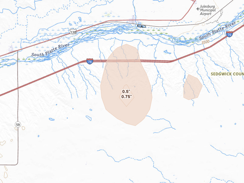 Radar-estimated hail-size map of the storm over Ovid, CO on Aug 14, 2026