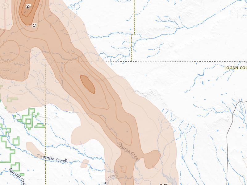 Radar-estimated hail-size map of the storm over Padroni, CO on Jun 22, 2026