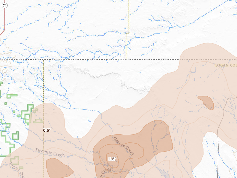 Radar-estimated hail-size map of the storm over Padroni, CO on Jul 1, 2026