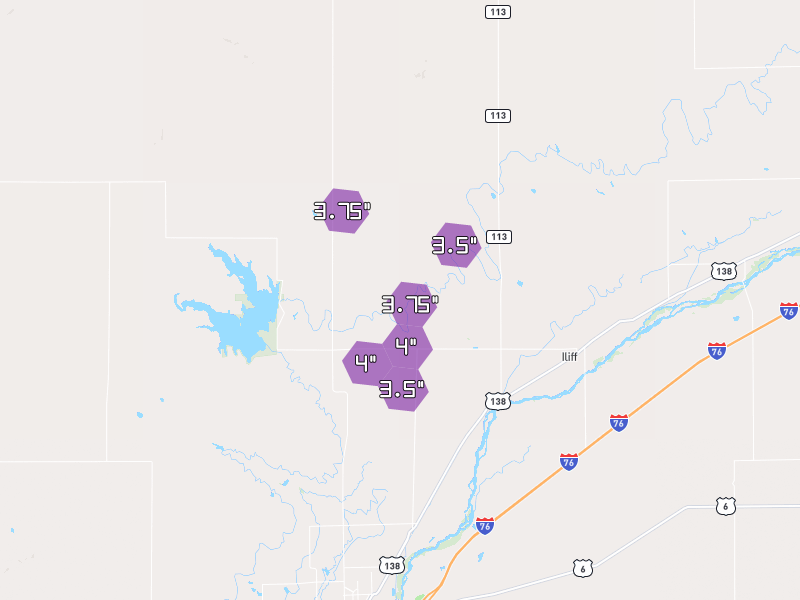 Hail map of Padroni, CO on Jul 1, 2026, hail up to 4"