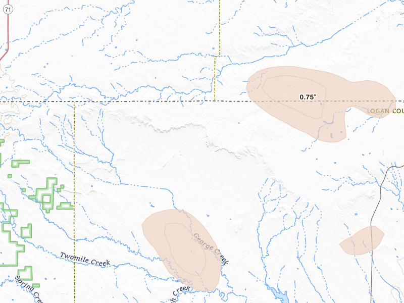 Radar-estimated hail-size map of the storm over Padroni, CO on Jul 4, 2026