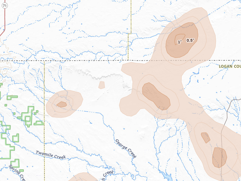 Radar-estimated hail-size map of the storm over Padroni, CO on Jul 28, 2026