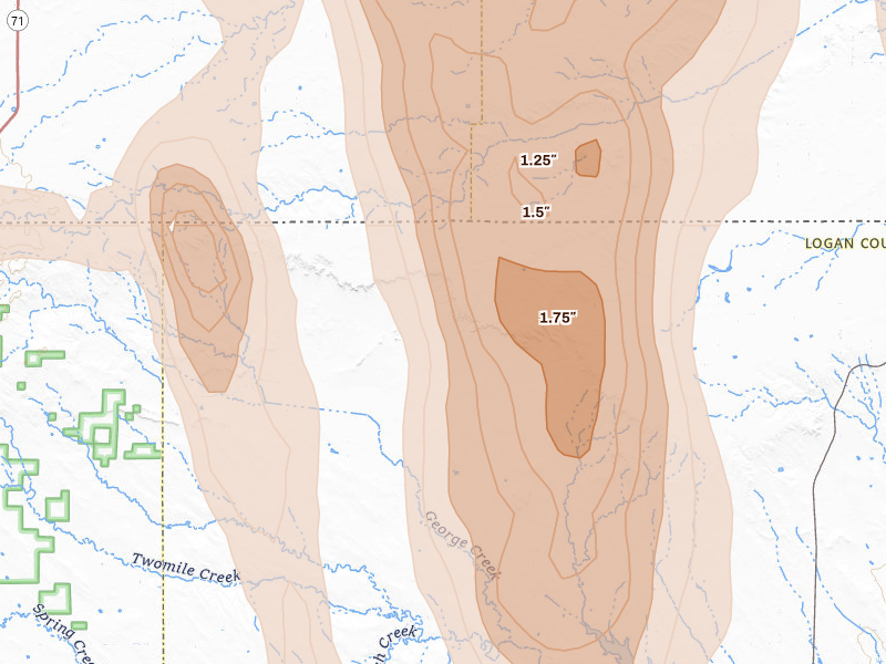 Radar-estimated hail-size map of the storm over Padroni, CO on Aug 21, 2026