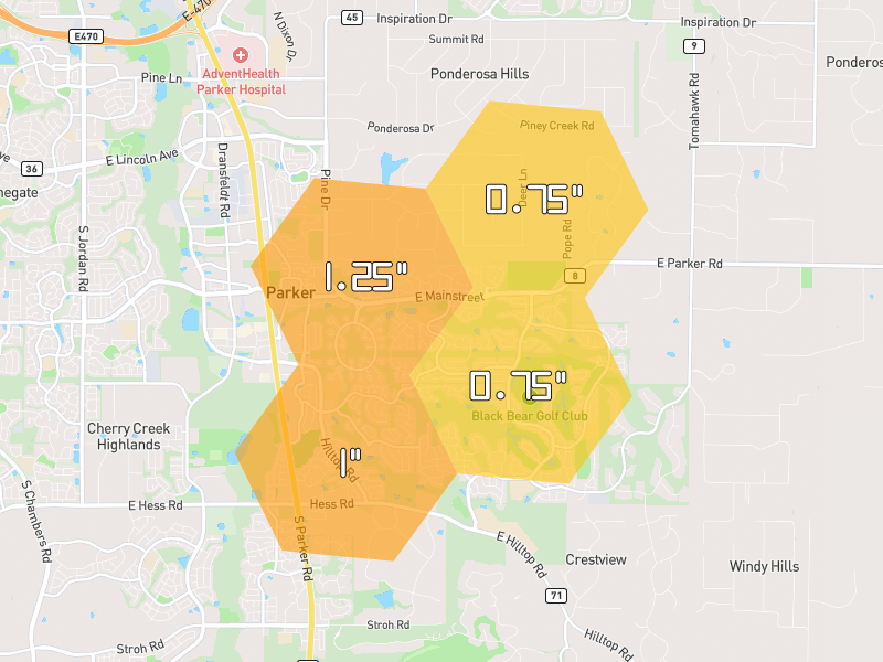 Hail map of Parker, CO on Jun 1, 2026, hail up to 1.25"