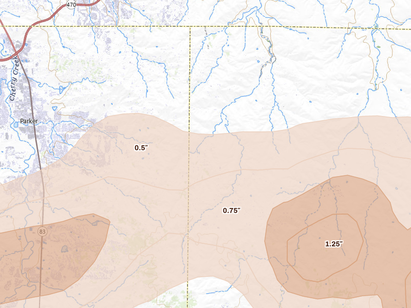 Radar-estimated hail-size map of the storm over Parker, CO on Jun 8, 2026