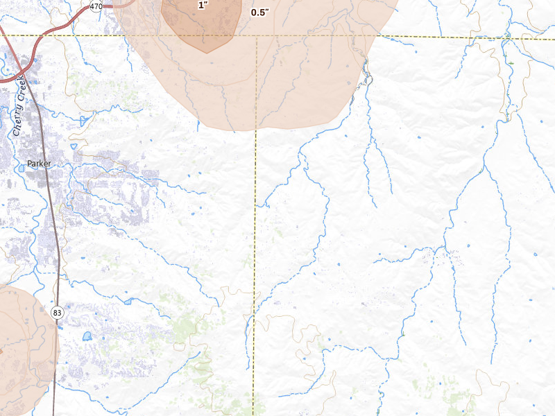 Radar-estimated hail-size map of the storm over Parker, CO on Jul 28, 2026