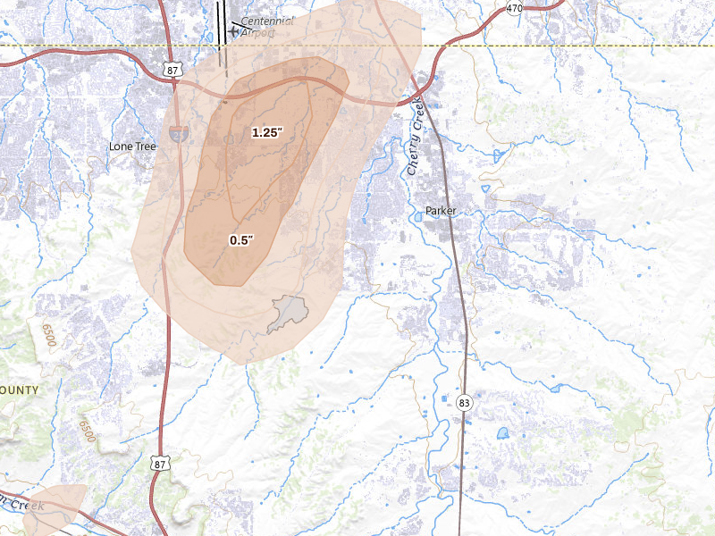 Radar-estimated hail-size map of the storm over Parker, CO on Aug 15, 2026