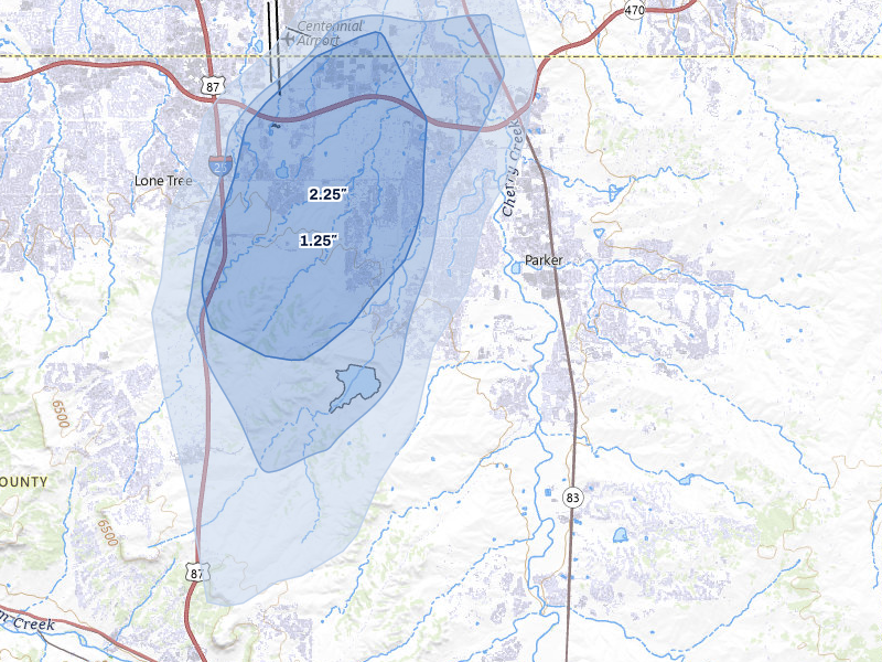 NEXRAD radar-signature map of the hail storm over Parker, CO on Aug 15, 2026