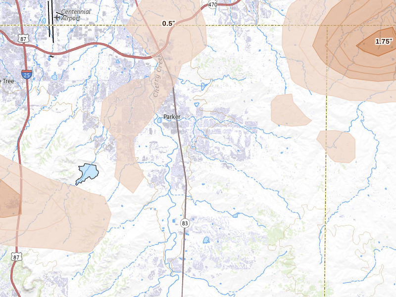 Radar-estimated hail-size map of the storm over Parker, CO on Aug 26, 2026