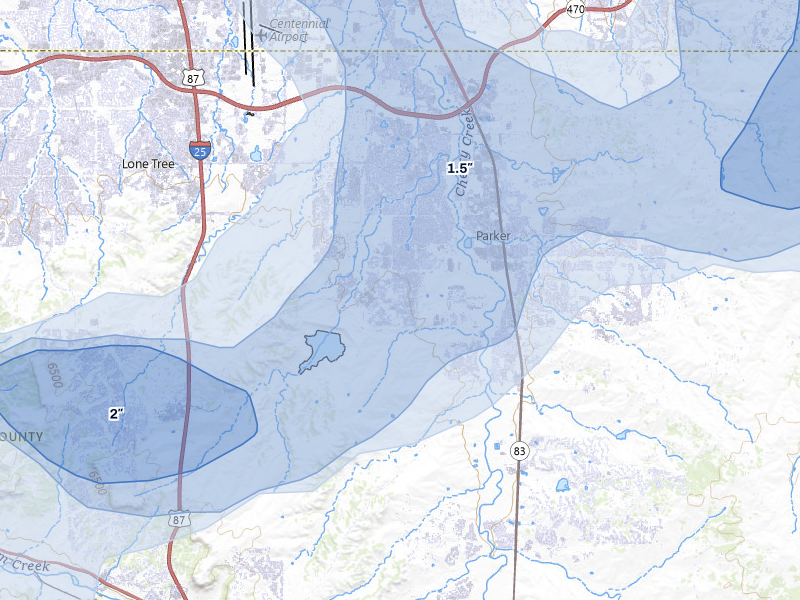 NEXRAD radar-signature map of the hail storm over Parker, CO on Aug 26, 2026