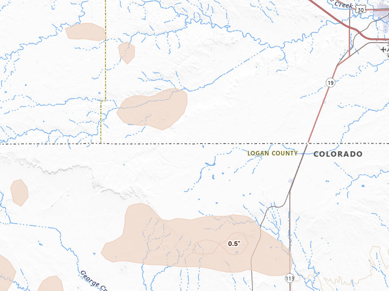 Radar-estimated hail-size map of the storm over Peetz, CO on May 21, 2026