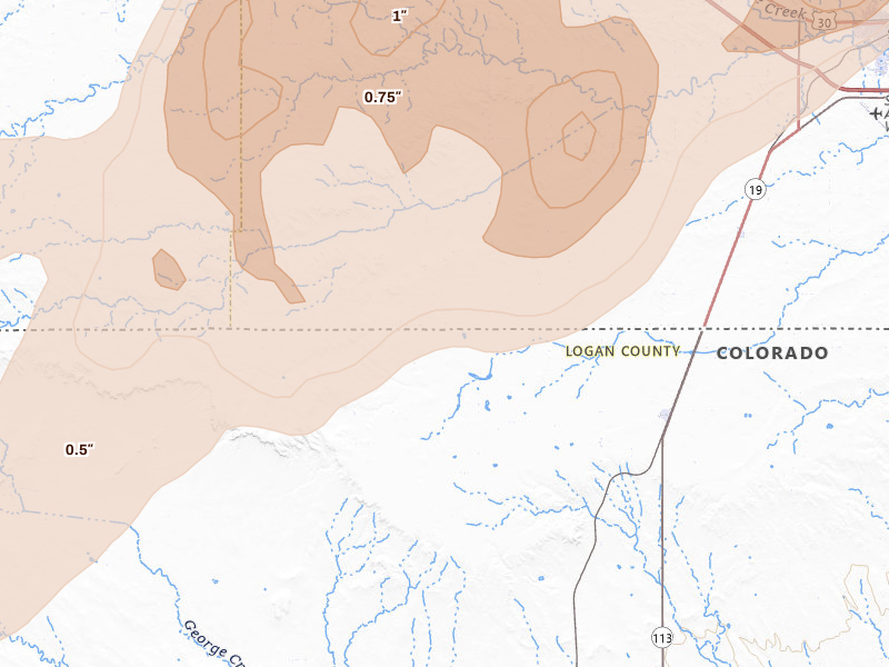 Radar-estimated hail-size map of the storm over Peetz, CO on Jun 7, 2026