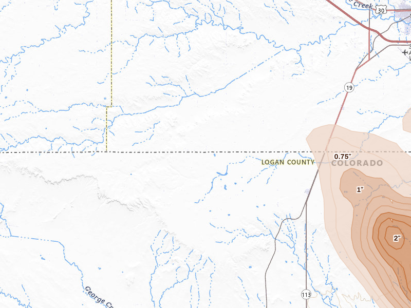 Radar-estimated hail-size map of the storm over Peetz, CO on Jun 24, 2026