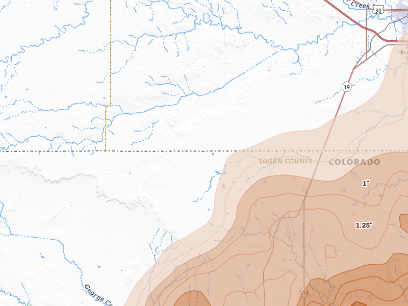 Radar-estimated hail-size map of the storm over Peetz, CO on Jun 30, 2026