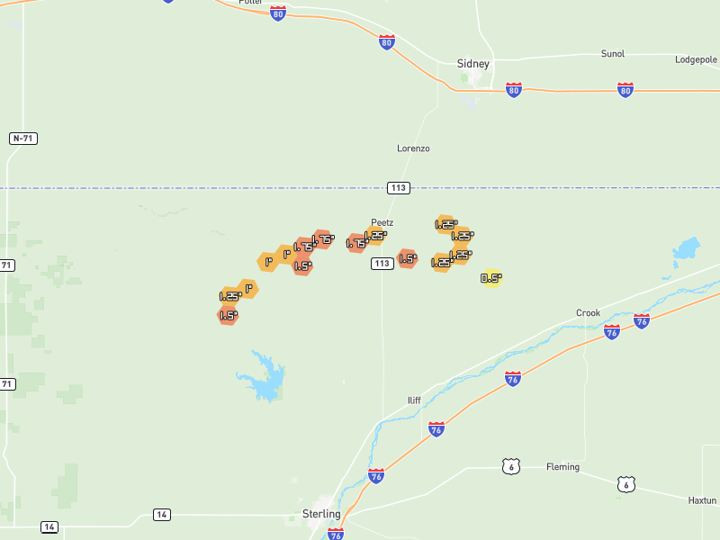 Hail map of Peetz, CO on Jul 2, 2026, hail up to 1.75"