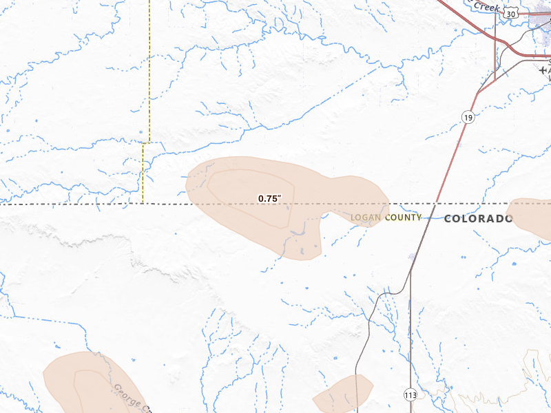 Radar-estimated hail-size map of the storm over Peetz, CO on Jul 4, 2026