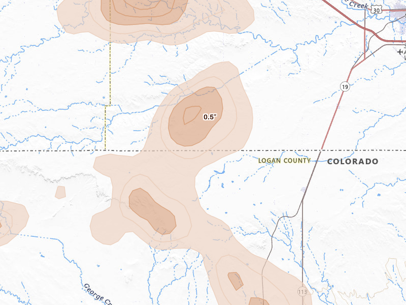Radar-estimated hail-size map of the storm over Peetz, CO on Jul 28, 2026