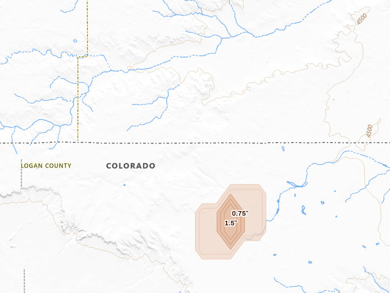 Radar-estimated hail-size map of the storm over Peetz, CO on Aug 8, 2026