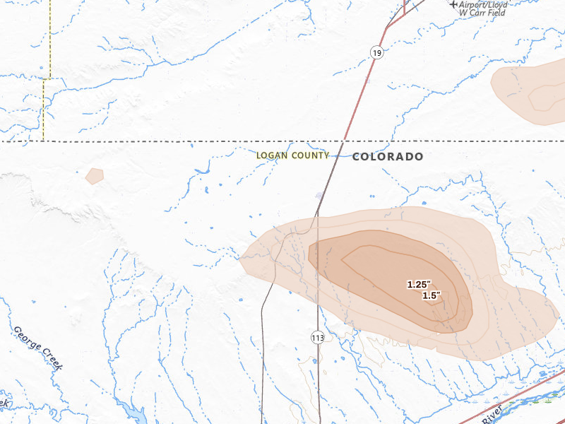 Radar-estimated hail-size map of the storm over Peetz, CO on Aug 9, 2026
