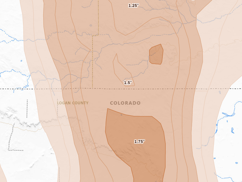 Radar-estimated hail-size map of the storm over Peetz, CO on Aug 21, 2026
