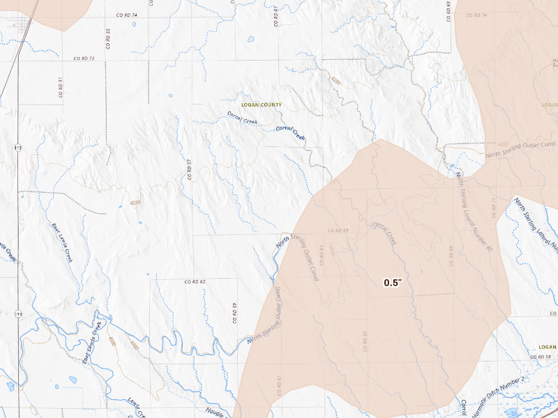 Radar-estimated hail-size map of the storm over Peetz, CO on Sep 5, 2026