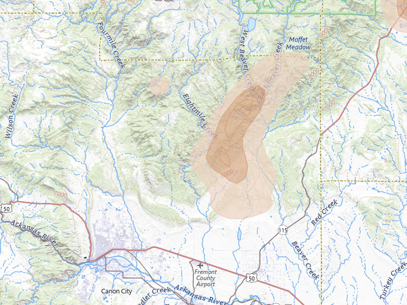 Radar-estimated hail-size map of the storm over Penrose, CO on Aug 16, 2026