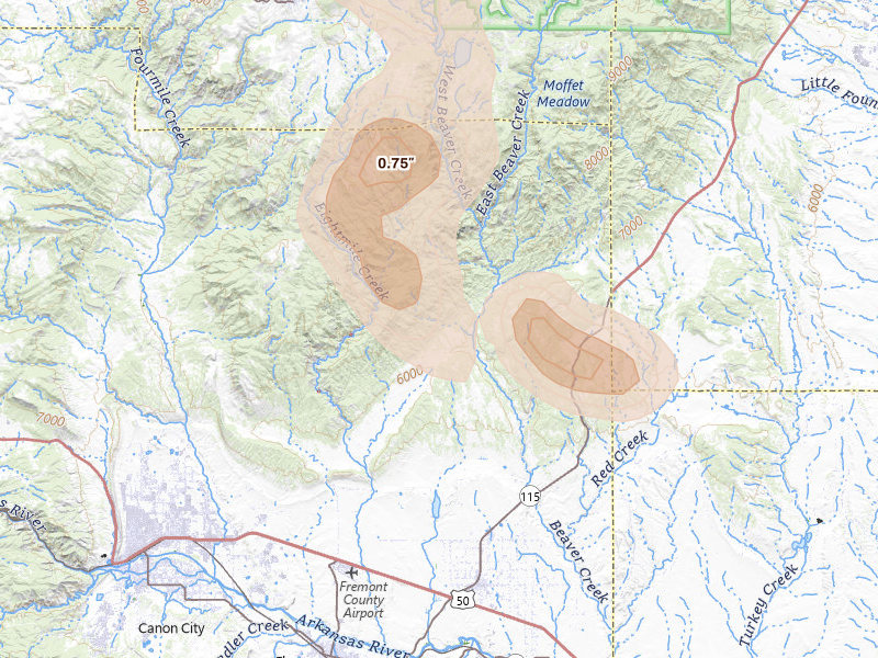 Radar-estimated hail-size map of the storm over Penrose, CO on Aug 26, 2026