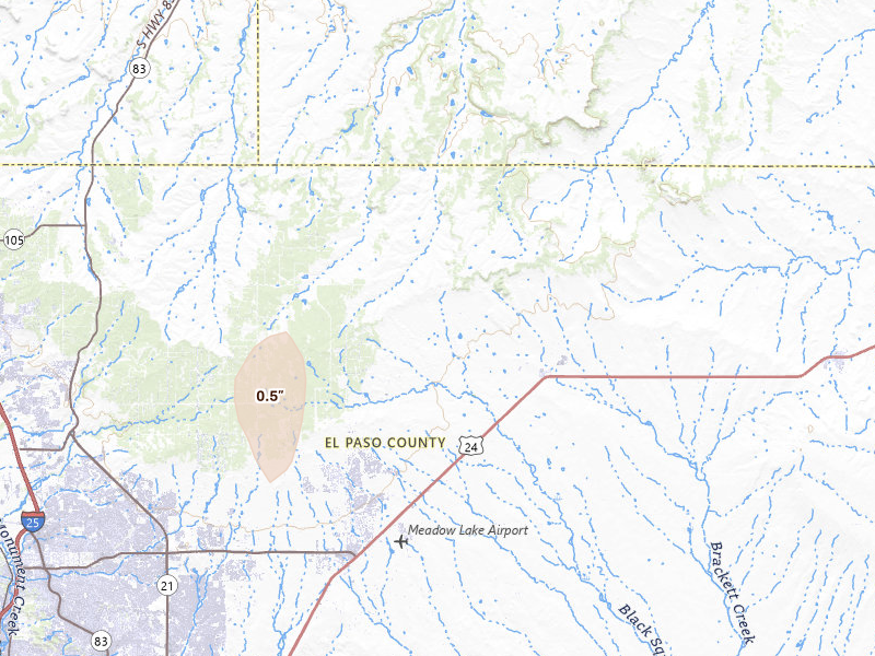 Radar-estimated hail-size map of the storm over Peyton, CO on May 29, 2026