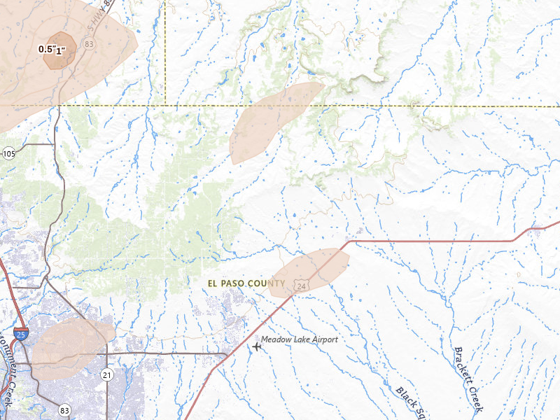 Radar-estimated hail-size map of the storm over Peyton, CO on Jun 1, 2026