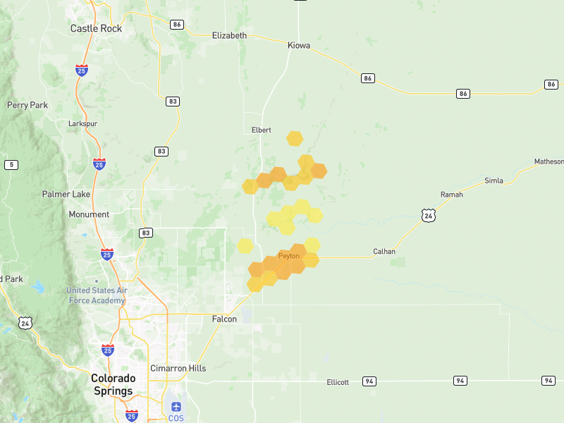 Hail map of Peyton, CO on Jun 1, 2026, hail up to 1"