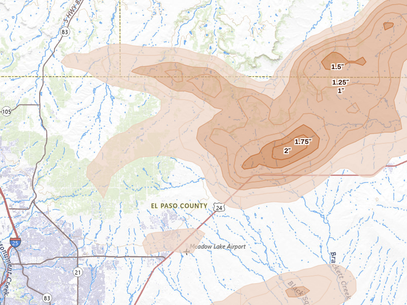 Radar-estimated hail-size map of the storm over Peyton, CO on Jun 23, 2026
